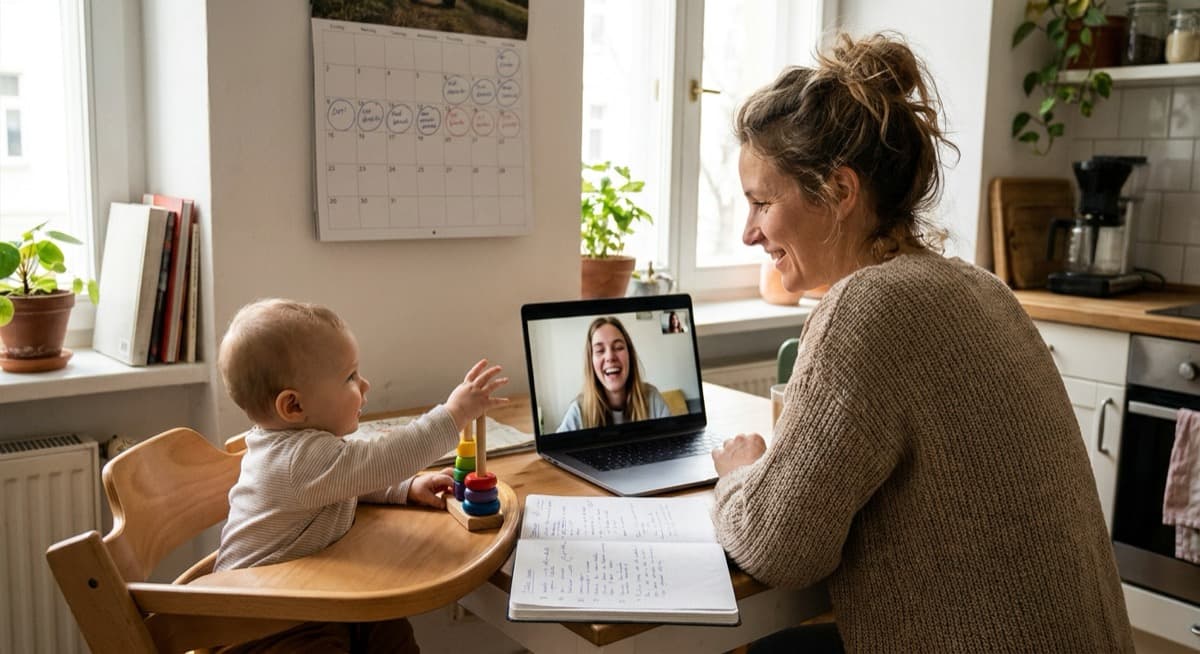 A mother smiles at a young woman on a laptop video call while her baby plays in a high chair beside her