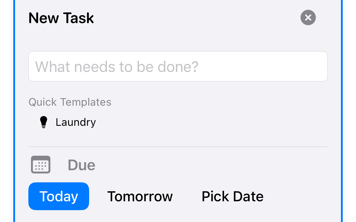 Task creation form showing due date selector with Today, Tomorrow, and Pick Date options