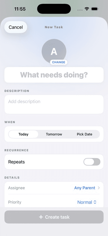 Task creation form showing title field, quick templates, due date options, recurring toggle, assignee list, and description field