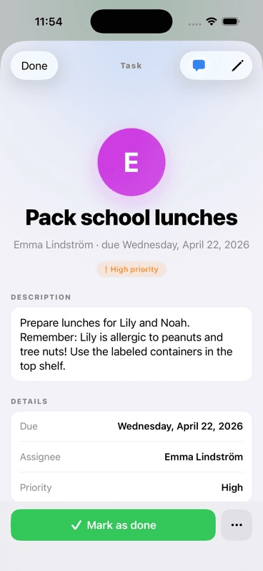 Task detail view showing description, Edit button, and contextual chat panel