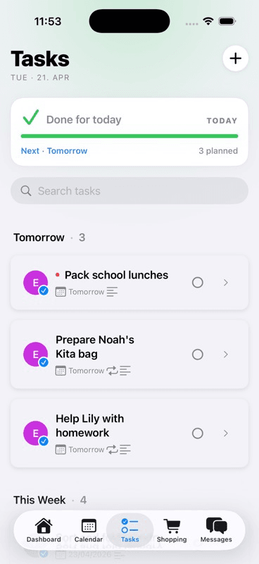 Task overview screen showing tasks grouped by Tomorrow and This Week, with assignee badges and due dates