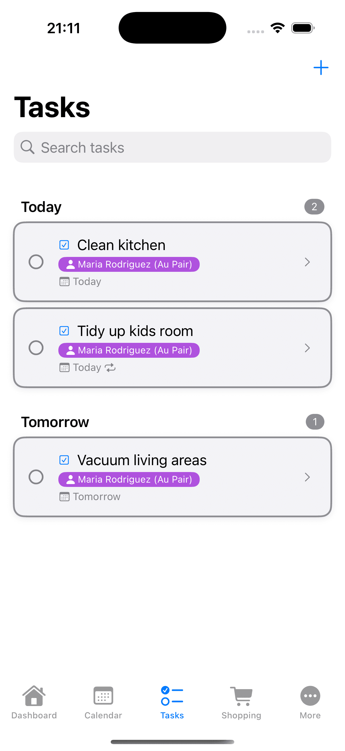 Task overview showing tasks organized by date with Today and Tomorrow sections