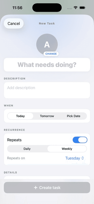Recurring task setup showing Daily/Weekly toggle and Repeats on day picker, with a filled-in Clean kitchen example