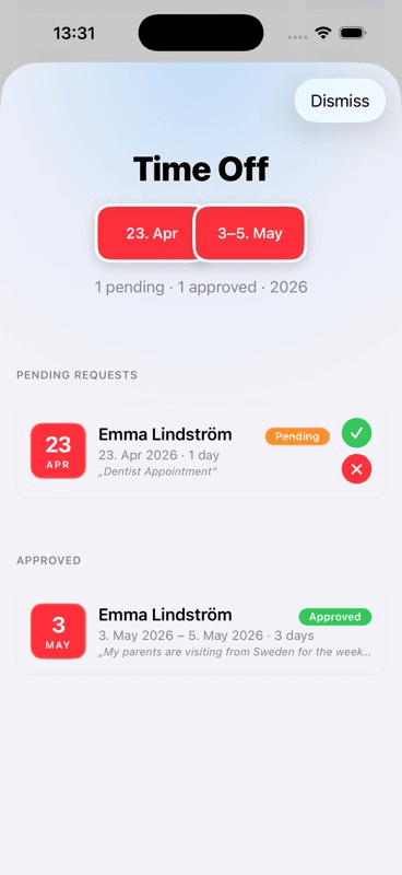 The approval sheet showing request details — dates, duration, reason — with an optional message field and Approve button