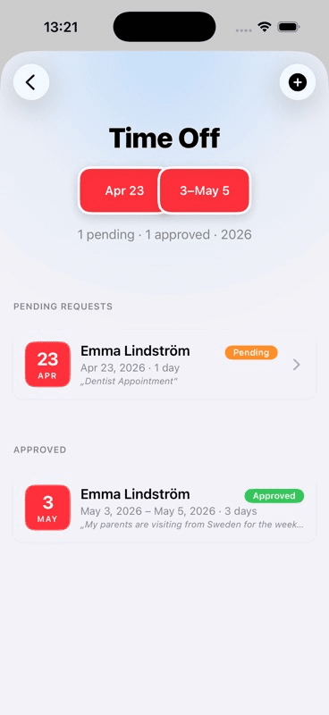 The Time Off list showing a pending request from Emma Lindström for 14–16 April