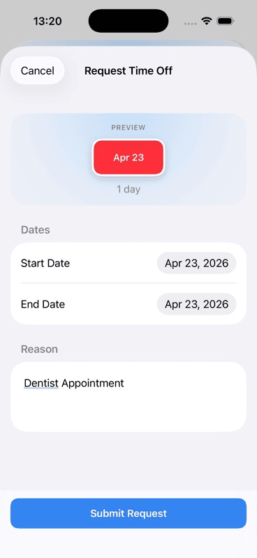 The request form showing Start Date, End Date, and Reason fields with a Submit Request button