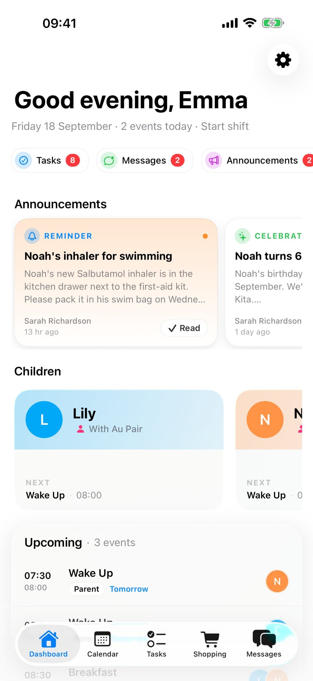 Emma's au pair dashboard in the AuPairSync iPhone app: her tasks and messages, a link to start her shift, the reminder about Noah's inhaler to mark as read, the children in her care and tomorrow's first events