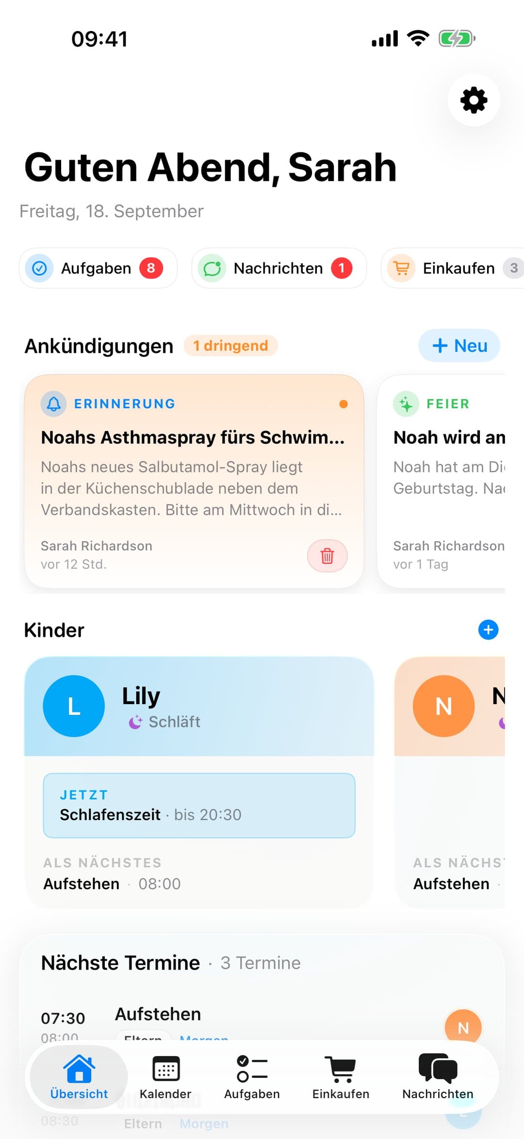 AuPairSync-Dashboard in der iPhone-App: offene Aufgaben, Ankündigungen, die Kinder und die heutigen Termine