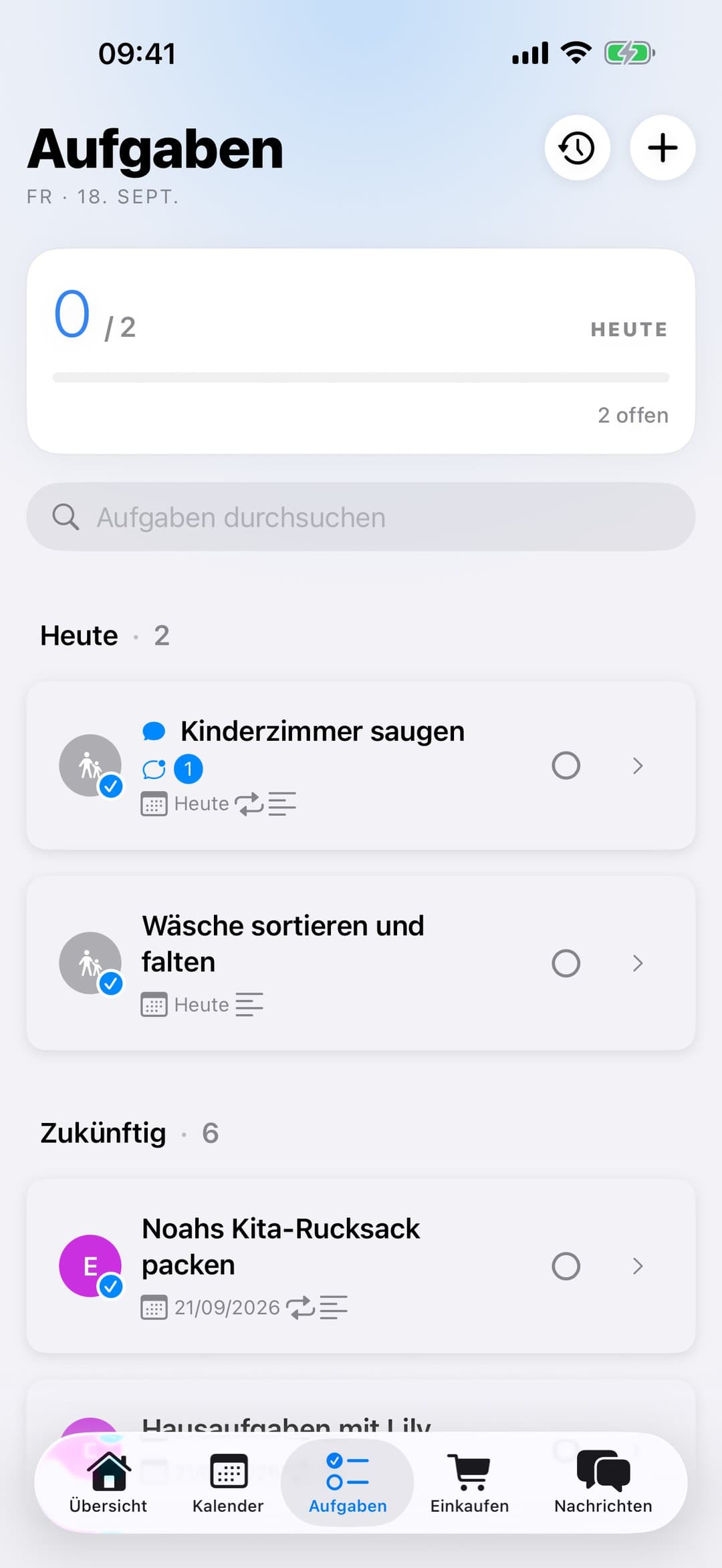 AuPairSync-Aufgabenliste in der iPhone-App: Aufgaben für heute und die nächsten Tage