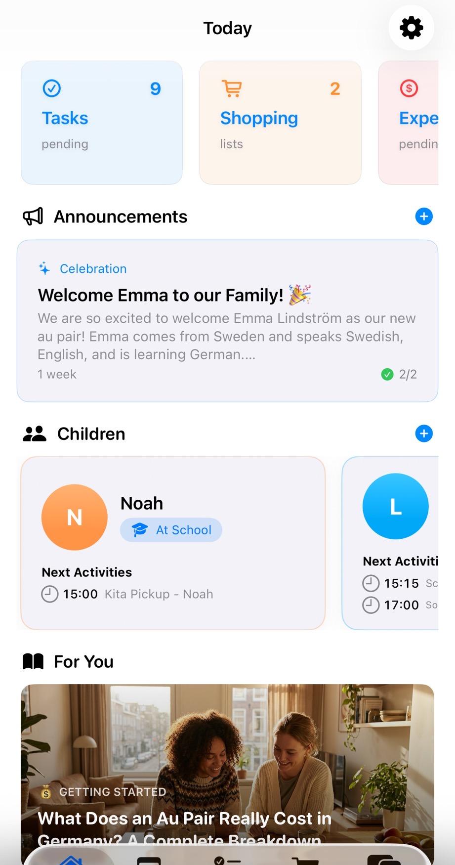 AuPairSync dashboard showing Tasks, Shopping, Announcements, Children with Noah at school and next activities