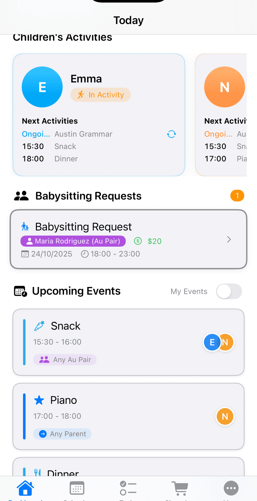 Screenshot of au pair receiving babysitting notification with accept or propose alternative time buttons