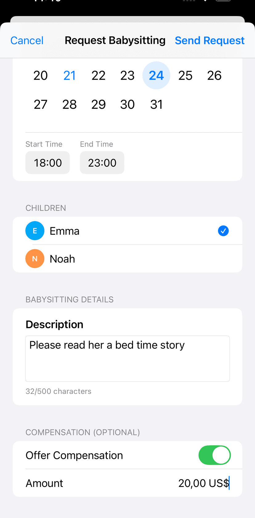 Screenshot of babysitting request creation form showing date, time, duration, and special instructions fields