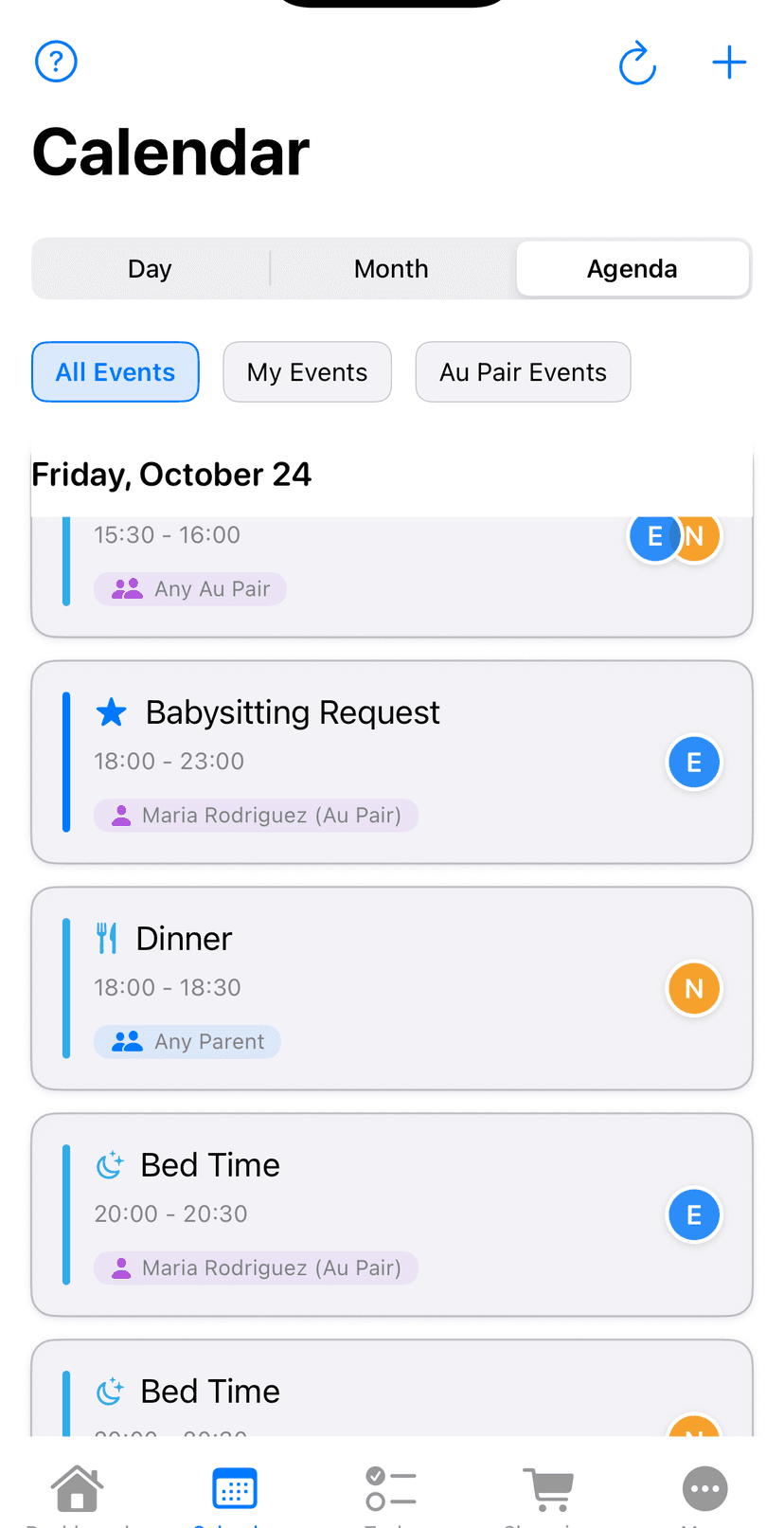 Screenshot of shared calendar showing babysitting event automatically added after acceptance
