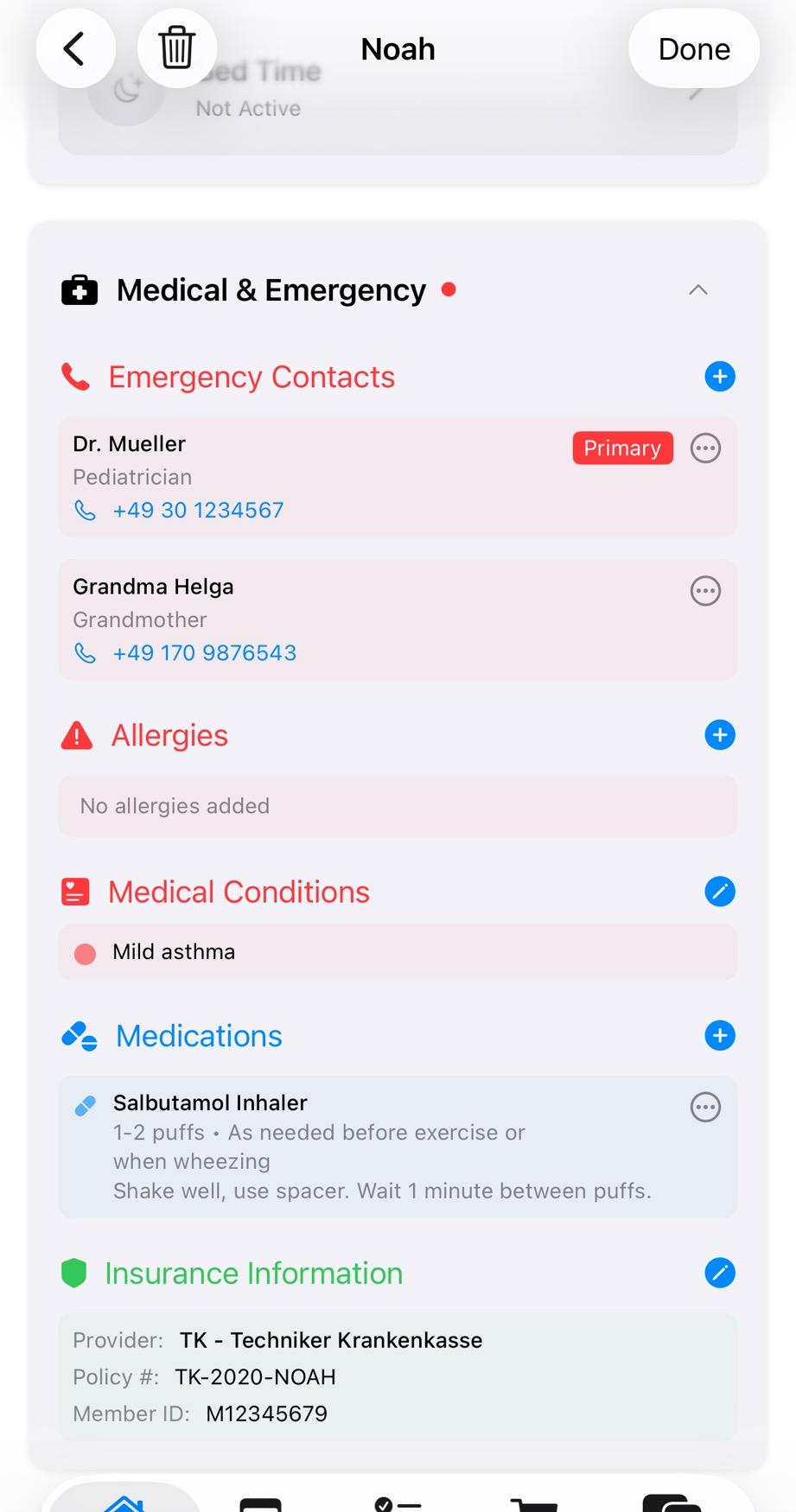 Notfallkontakte mit Kinderarzt und Krankenhaus