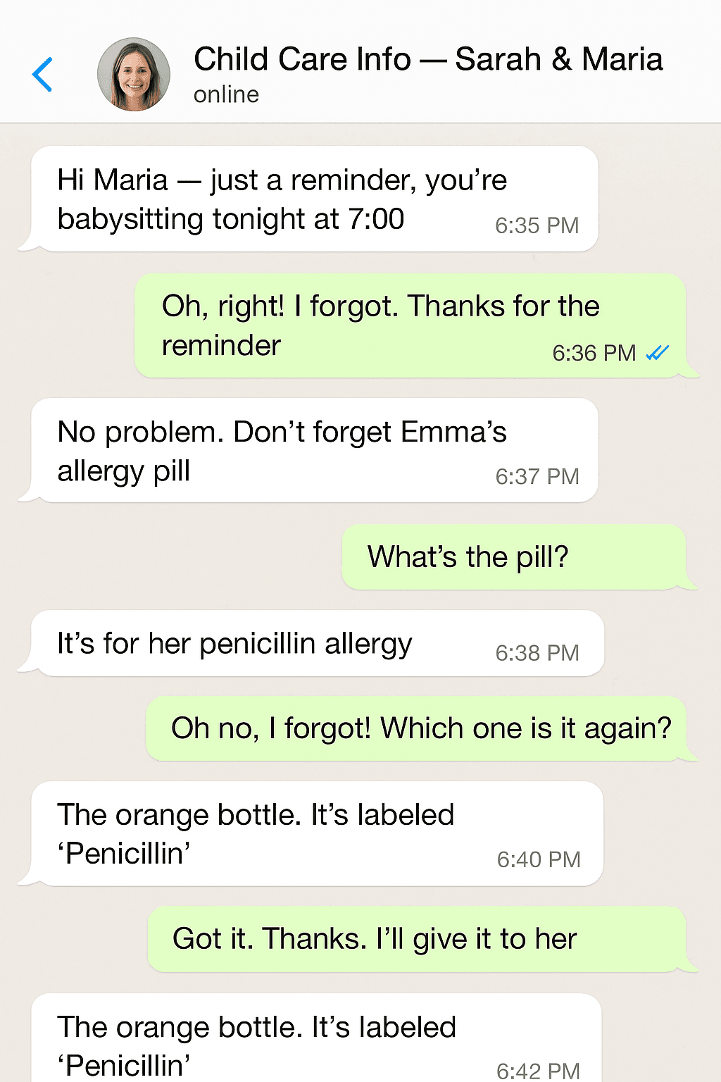 WhatsApp conversation showing Sarah reminding Maria about babysitting, then Maria asking about Emma's allergy pill - confusion about which medication, which bottle, scattered information