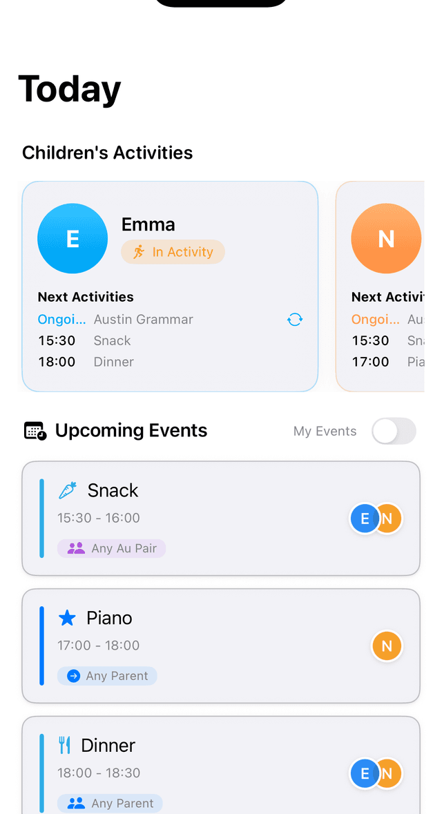 Week 1 calendar view showing daily schedule with color-coded events for each child