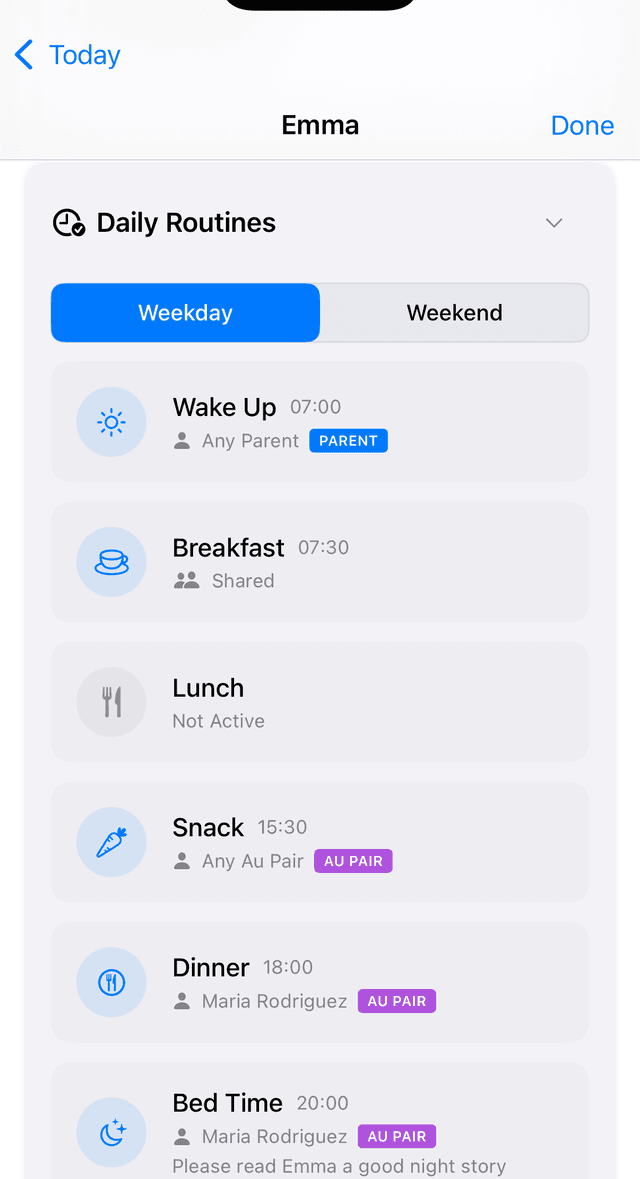 Child profile showing Emma's daily routines with Weekday/Weekend tabs, including Wake Up, Breakfast, Snack, Dinner, and Bed Time with note to read a good night story
