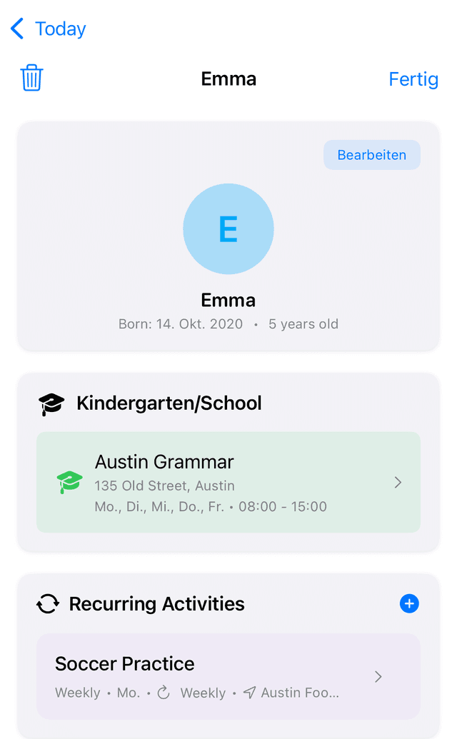 Mobile app view of Emma's child profile showing kindergarten/school info, recurring activities like Soccer Practice, and daily routines sections