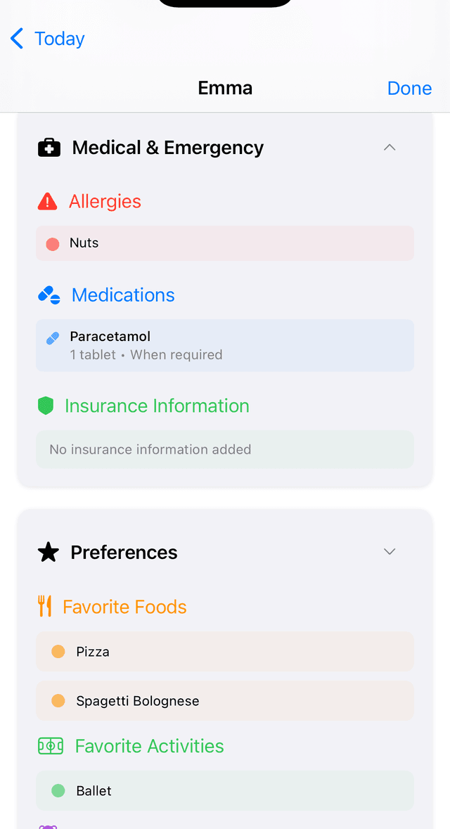 Medical & Emergency section showing allergies (Nuts), medications (Paracetamol), and preferences including favorite foods and activities