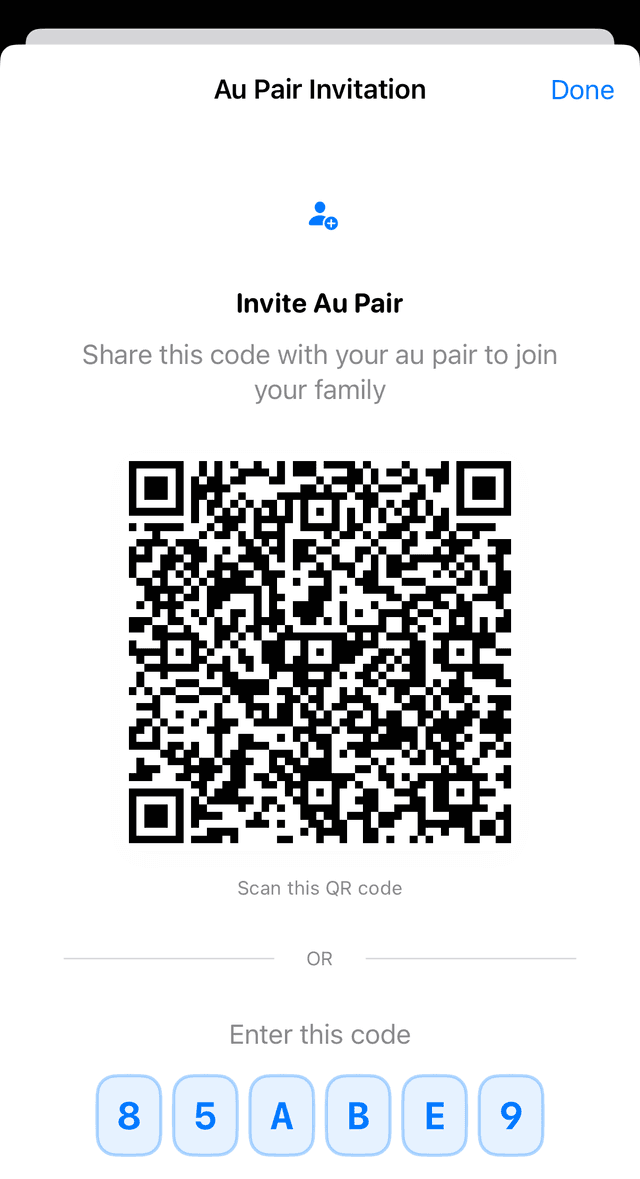 Au-pair invitation screen showing QR code and invitation code (85ABE9) that Sarah shares with Maria to join the family