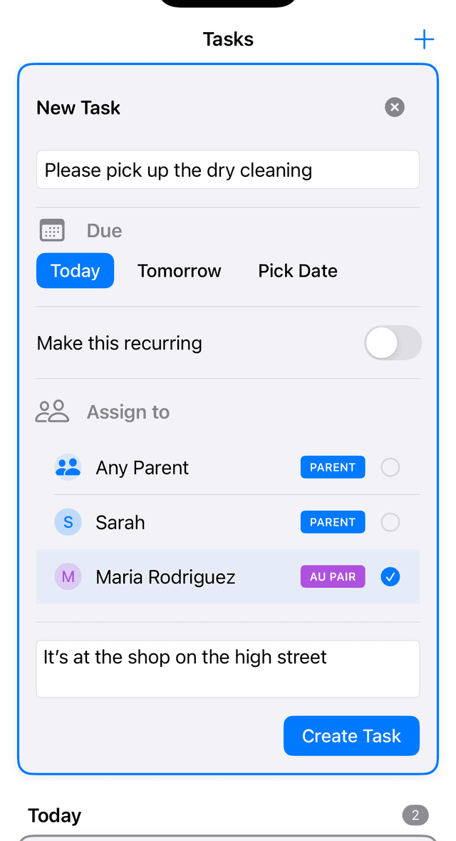 New task creation screen showing 'Please pick up the dry cleaning' task being assigned to Maria Rodriguez (Au Pair) with note 'It's at the shop on the high street'