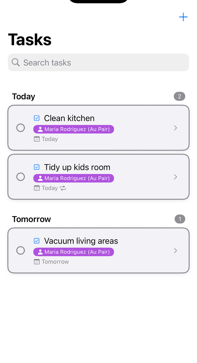 Maria's task list showing Today section with 2 tasks (Clean kitchen, Tidy up kids room) and Tomorrow section with Vacuum living areas, all assigned to Maria Rodriguez