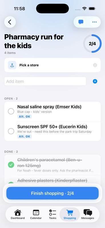 Au pair checking off items on a shared shopping list with 2 of 6 items completed