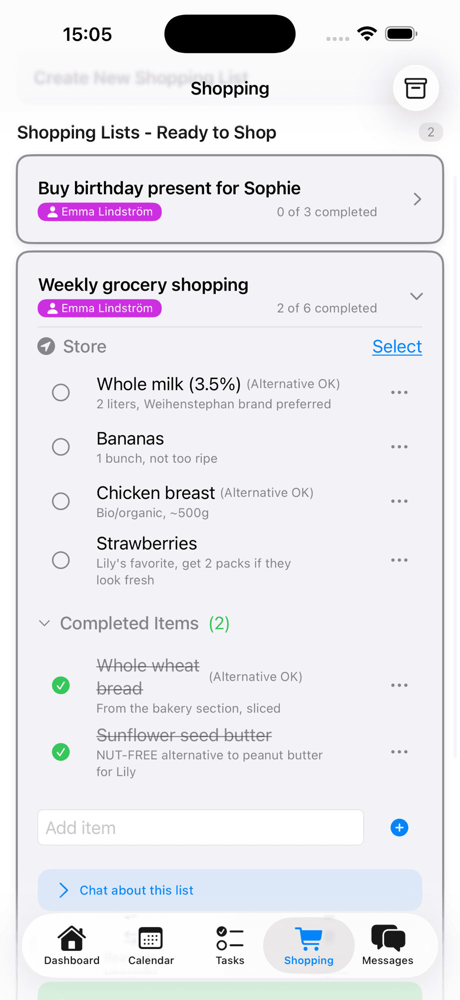 Au pair checking off items on a shared shopping list with 2 of 6 items completed
