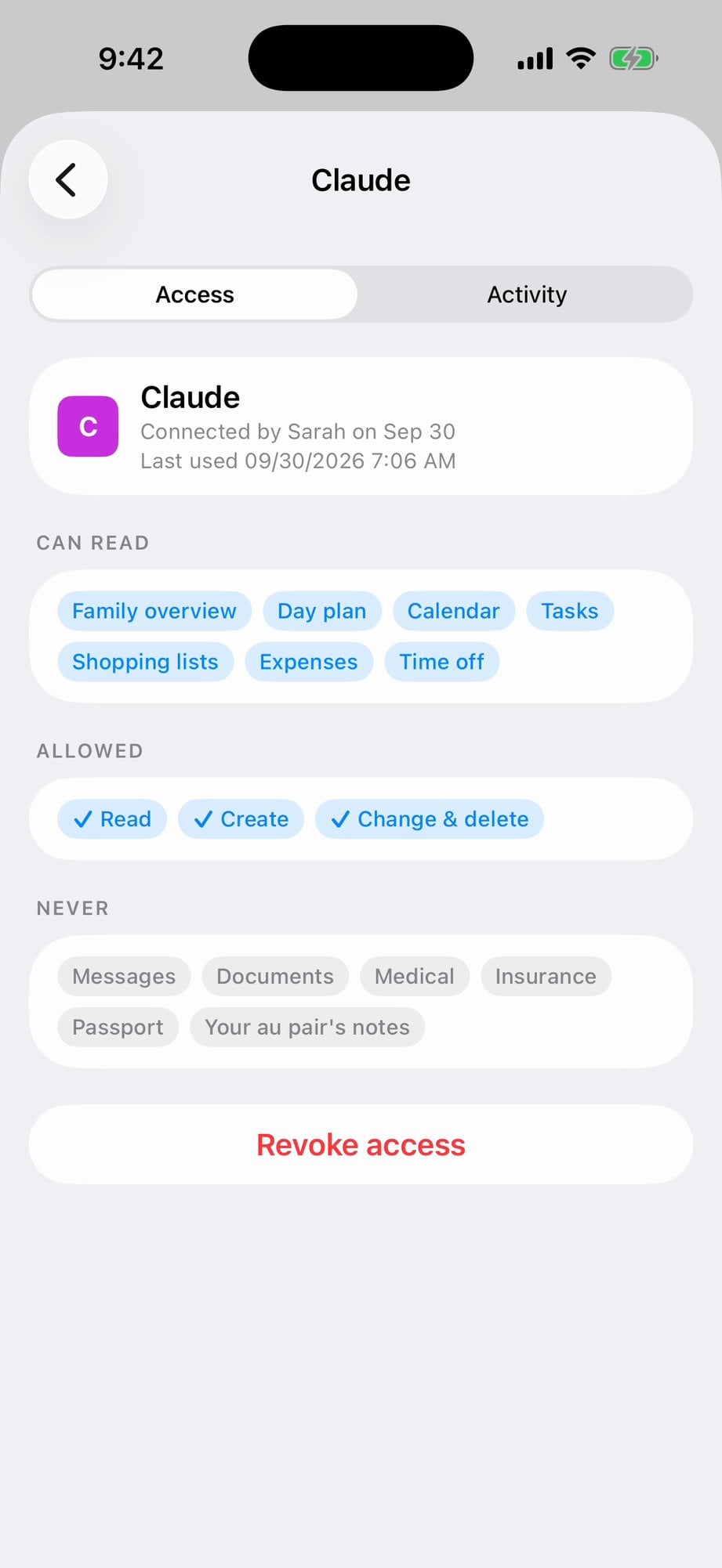 Connected AI apps, Claude, Access tab: can read seven areas, allowed Read, Create and Change & delete, never messages, documents, medical, insurance, passport or the au pair’s notes, and Revoke access