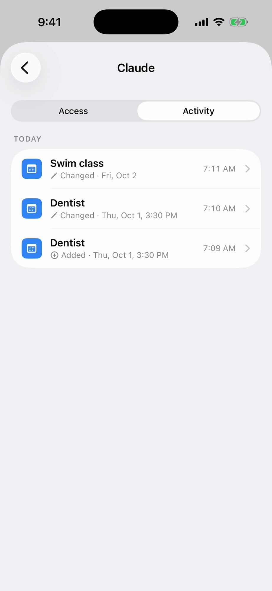 Connected AI apps, Claude, Activity tab: Swim class changed, Dentist changed, Dentist added, each with the time