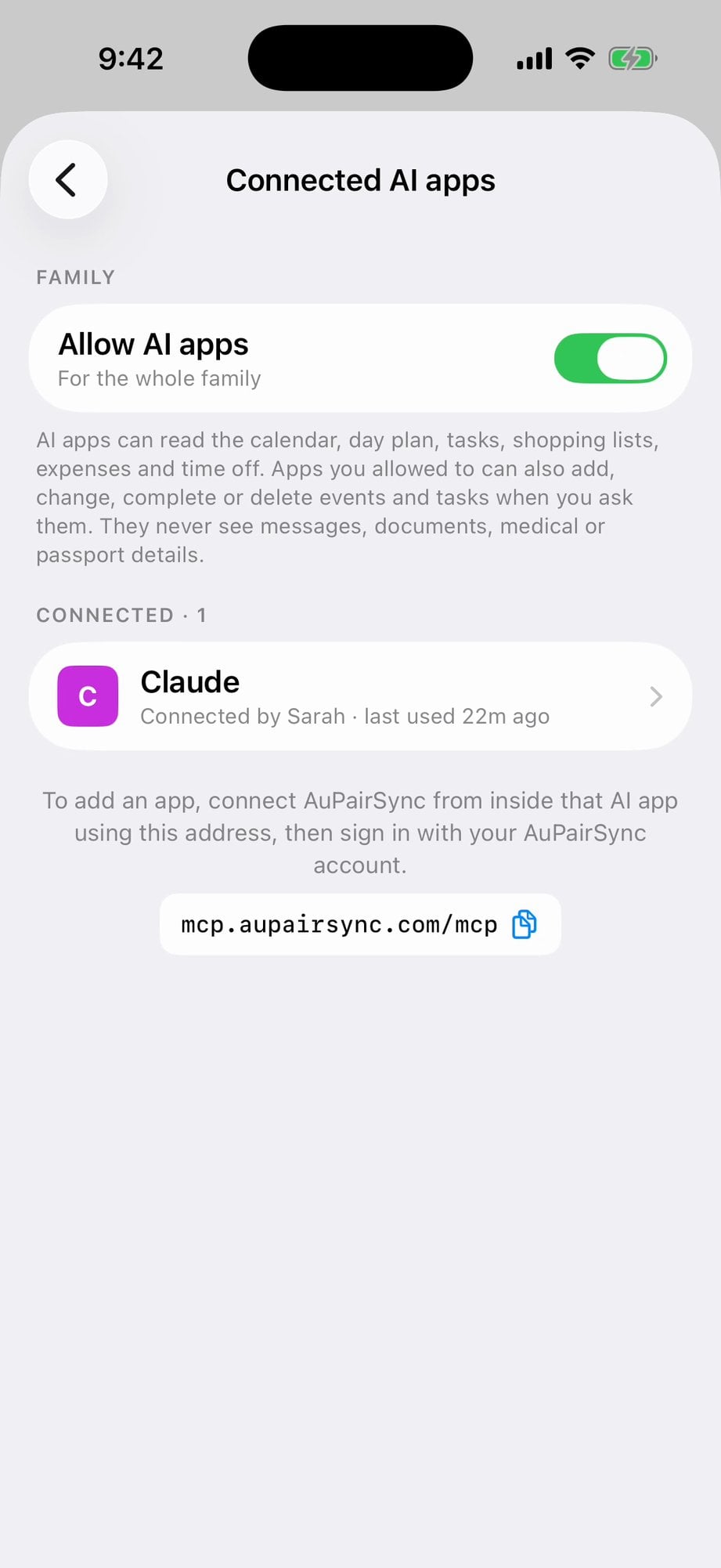 Connected AI apps screen with Allow AI apps on, Claude connected by Sarah, and the server address mcp.aupairsync.com/mcp