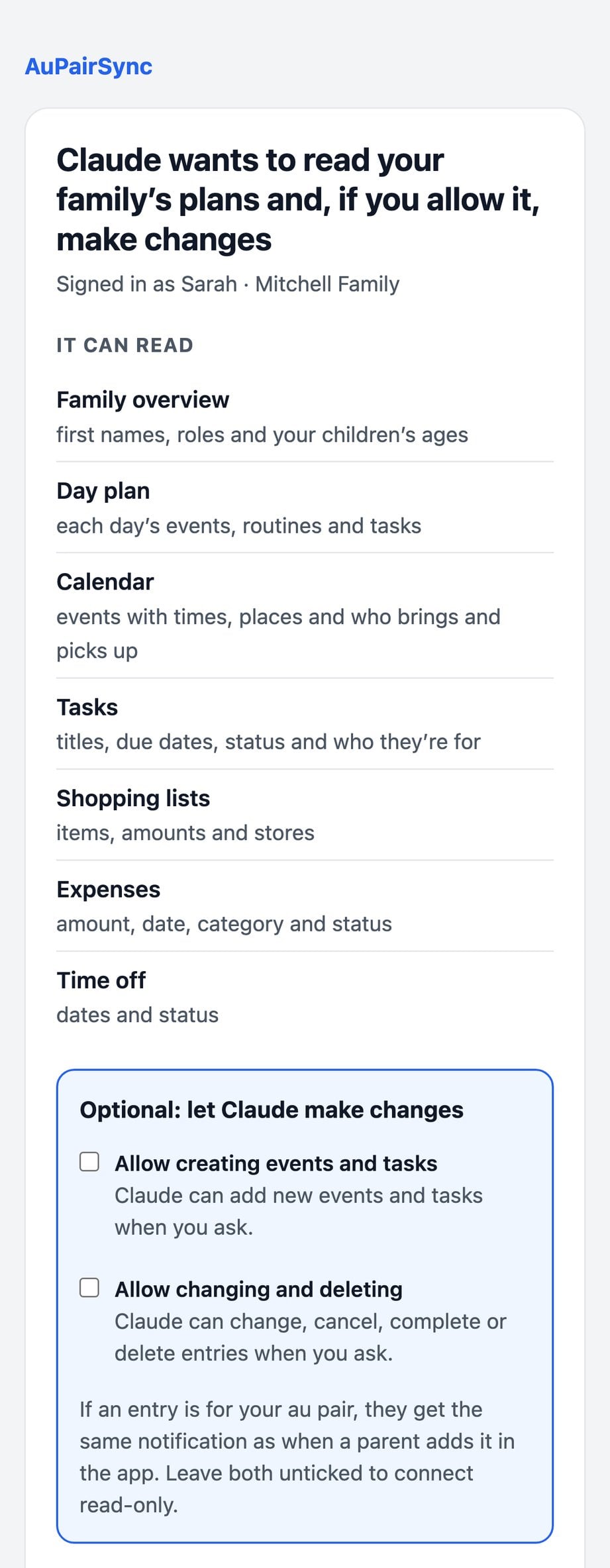 The sign-in page Claude opens: what it can read, and two unticked boxes, “Allow creating events and tasks” and “Allow changing and deleting”