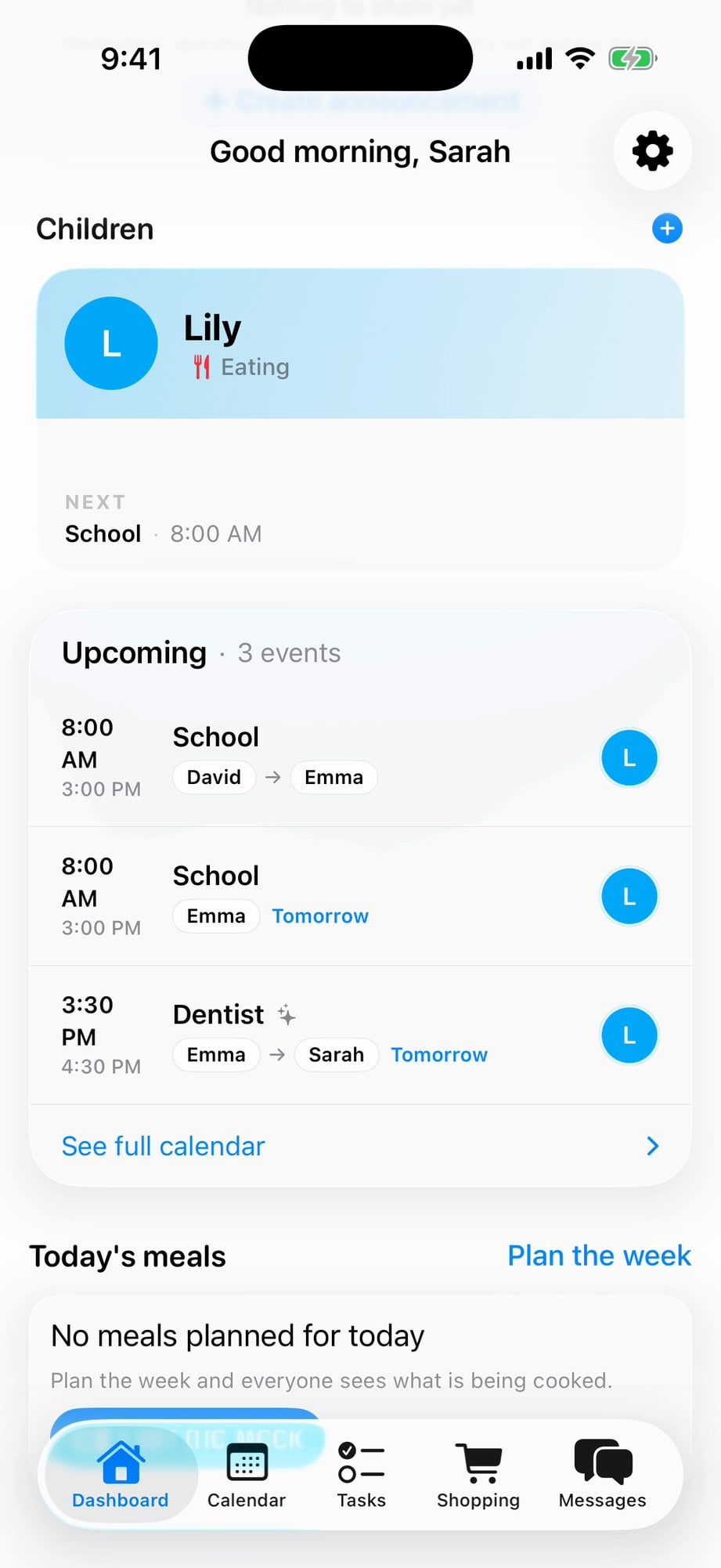 AuPairSync dashboard: the Dentist event in Upcoming with a small sparkle after its title