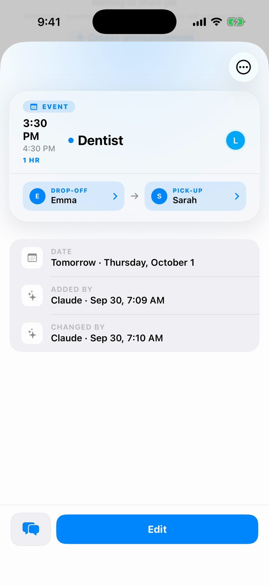 Event detail for the Dentist: Added by Claude and Changed by Claude, each with the time