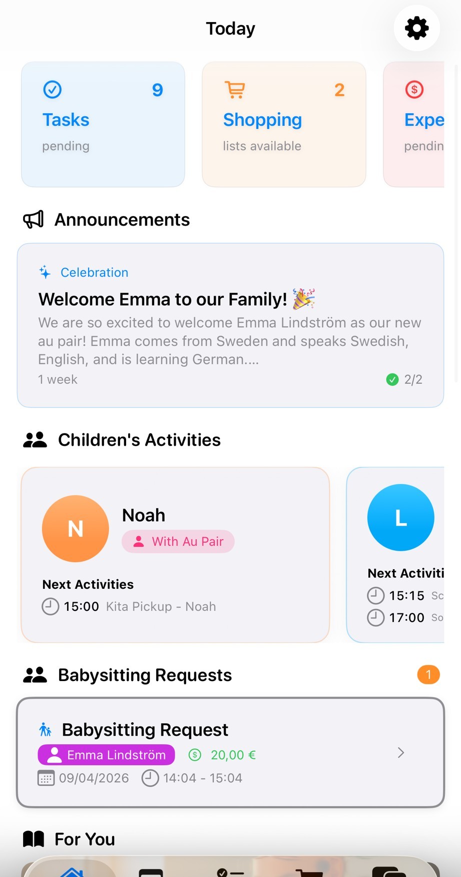 Au Pair Dashboard mit heutigen Aufgaben, Zeitplan für morgen, Babysitting-Anfragen, Nachrichten und Einkaufslisten