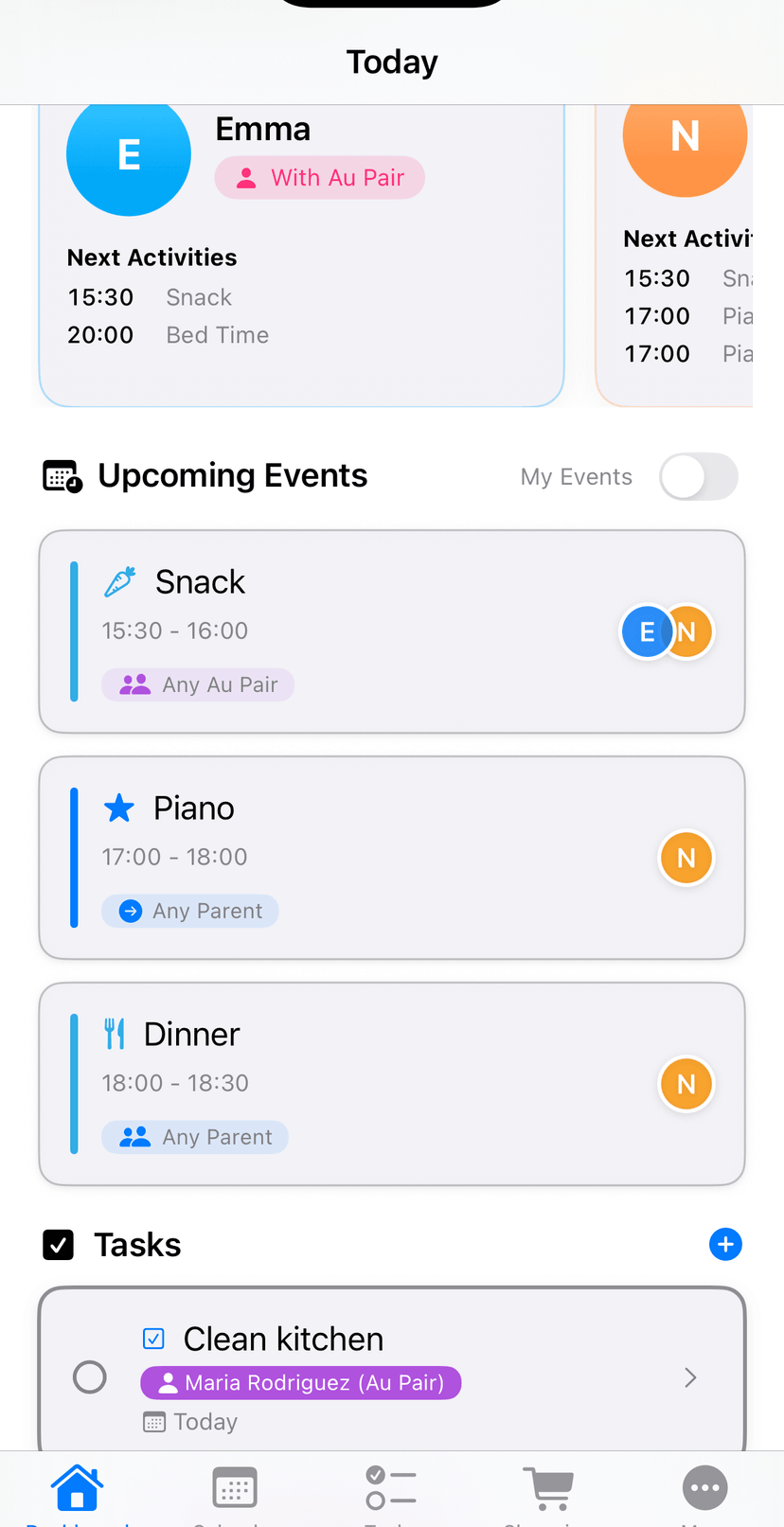 Au pair dashboard showing My Tasks Today section, Tomorrow's Schedule preview, Pending Babysitting Requests, Recent Messages widget, and Shopping Lists preview