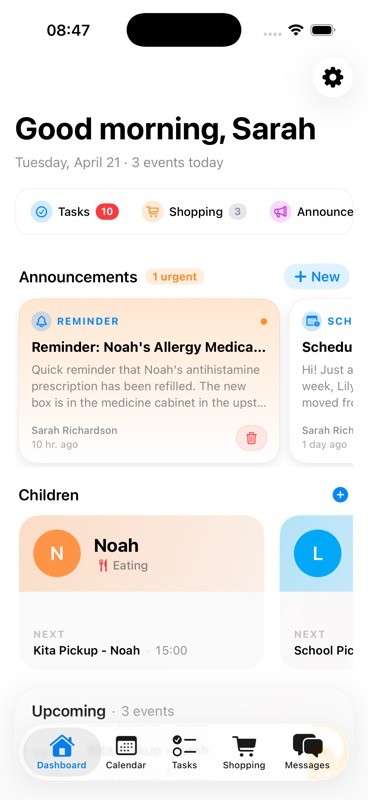 Eltern-Dashboard mit Schnellaktionen, Ankündigungen, heutigen Terminen, aktiven Aufgaben und Kinderaktivitäten