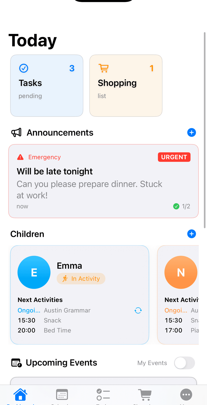 Parent dashboard showing Quick Actions panel, Announcements section, Today's Events preview, Active Tasks list, and Children Activities widget