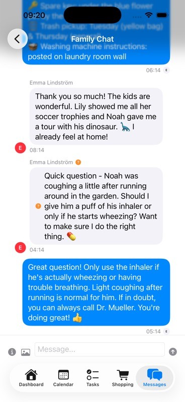 Family Chat conversation showing pinned house info with WiFi password, spare key location, and trash pickup schedule