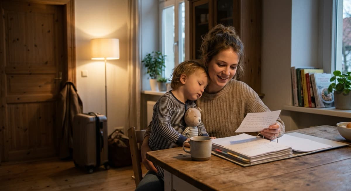 Eine junge Frau liest einen handgeschriebenen Zettel, ein müdes Kleinkind lehnt an ihr, an der Tür steht ein Koffer