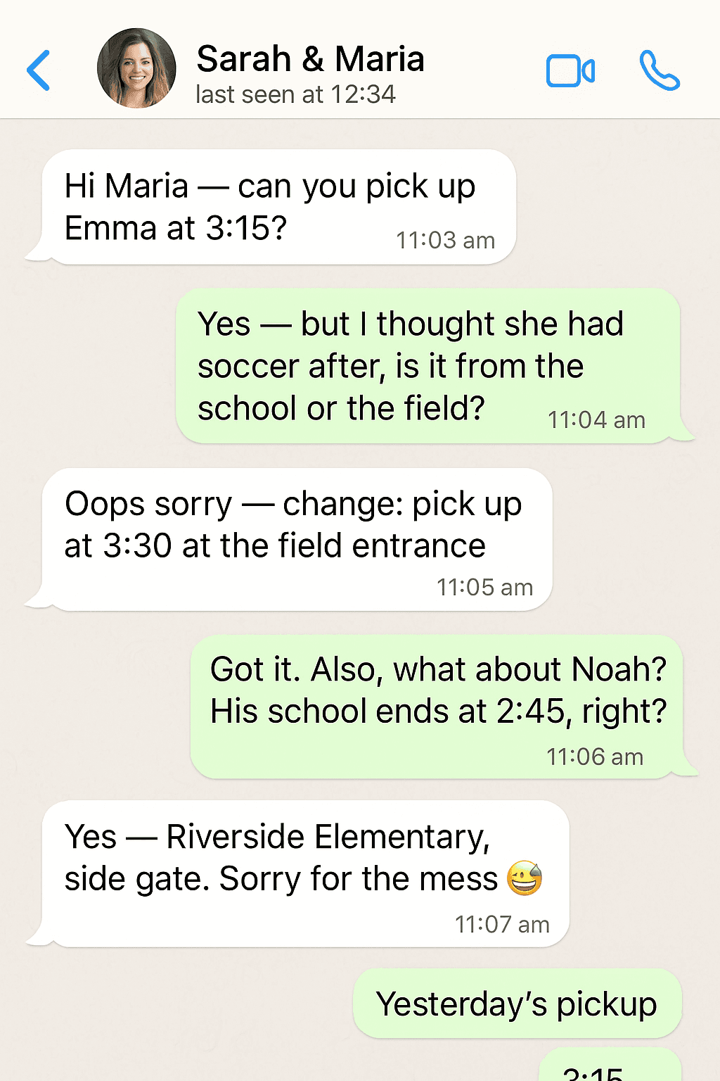 WhatsApp conversation showing pickup coordination chaos - last-minute changes, confusion about locations and times