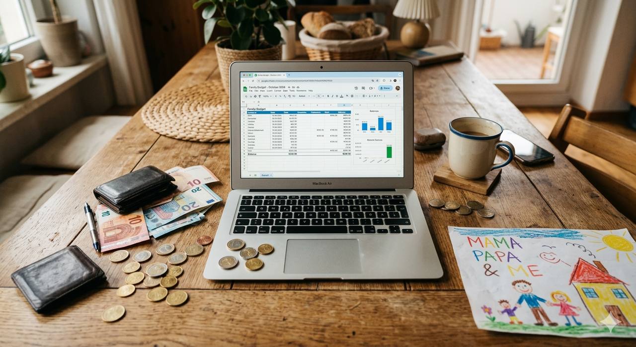 Ein Küchentisch mit Budgetplanung, Euroscheinen und Münzen, einer Kaffeetasse und einer Kinderzeichnung — Kostenplanung für ein Au Pair