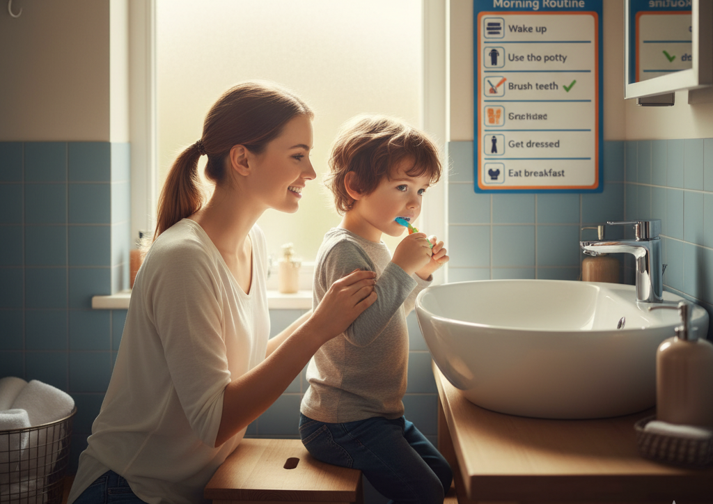 Young au pair guiding a child through morning routine at bathroom sink with visual schedule chart on wall