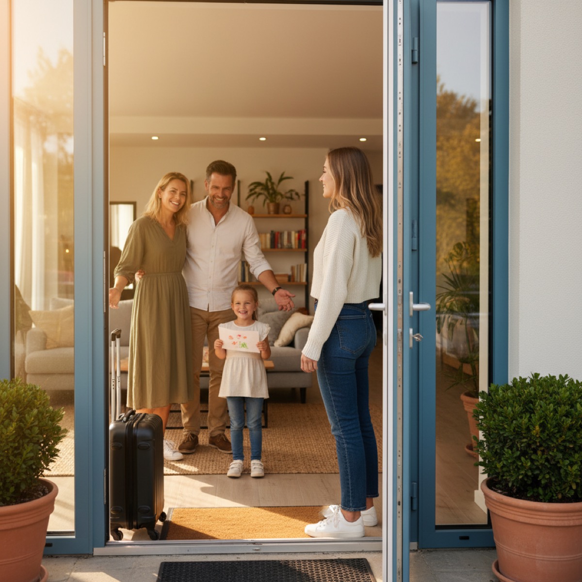 A welcoming family home with a suitcase by the door and a world map on the wall — symbolising the start of an au pair journey