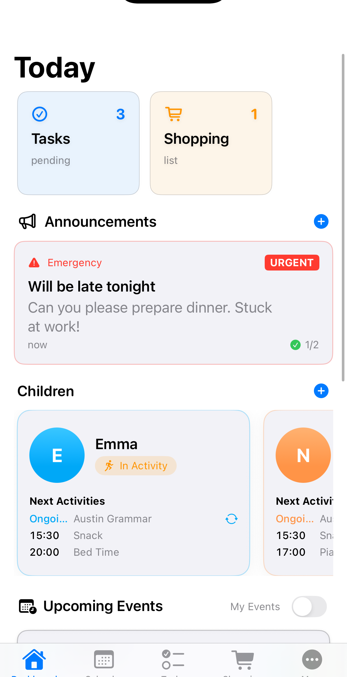 Dashboard showing configured widgets with family schedule, active tasks, and quick actions