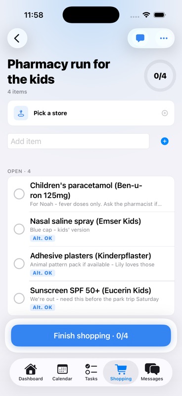 Expanded shopping list showing items with notes, alternative flags, and action buttons