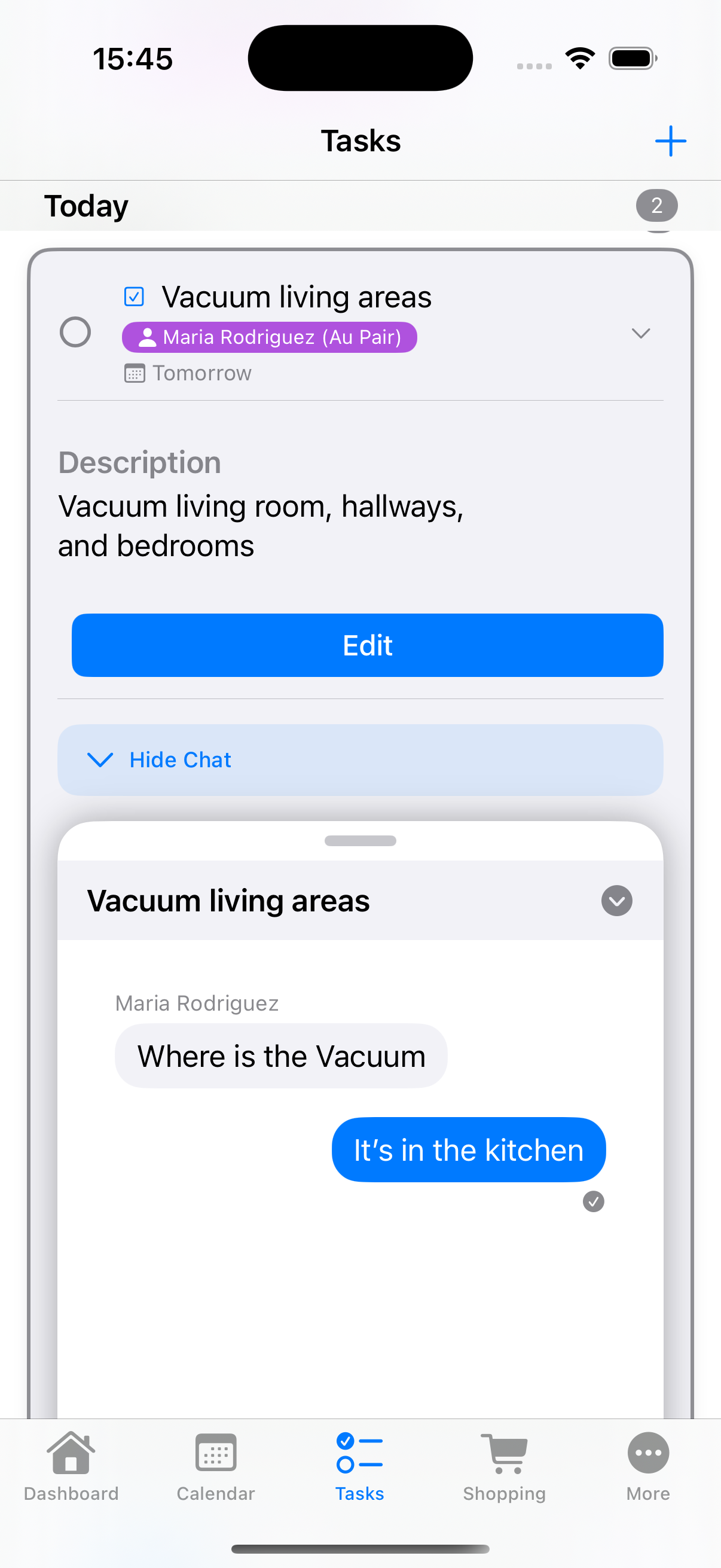 Shopping list with embedded chat showing Hide Chat button