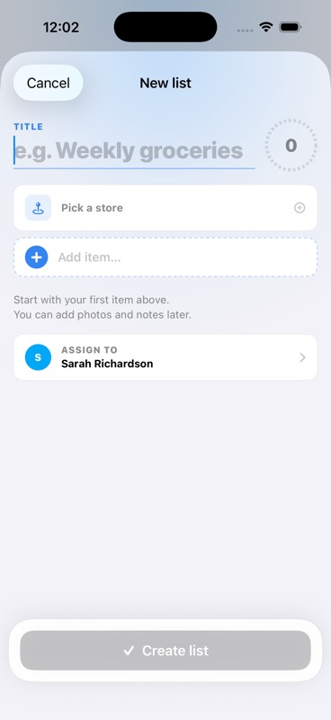 New shopping list creation form with name, store selection, and ready toggle