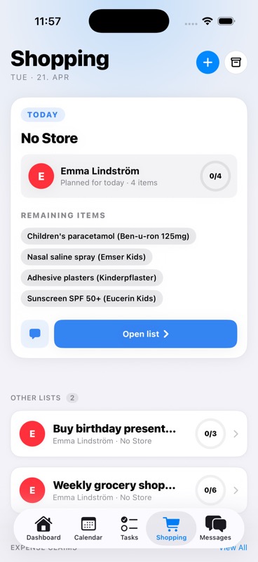 Shopping overview showing draft lists and open lists with progress indicators