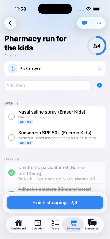 Shopping list with items being checked off and completed items section visible